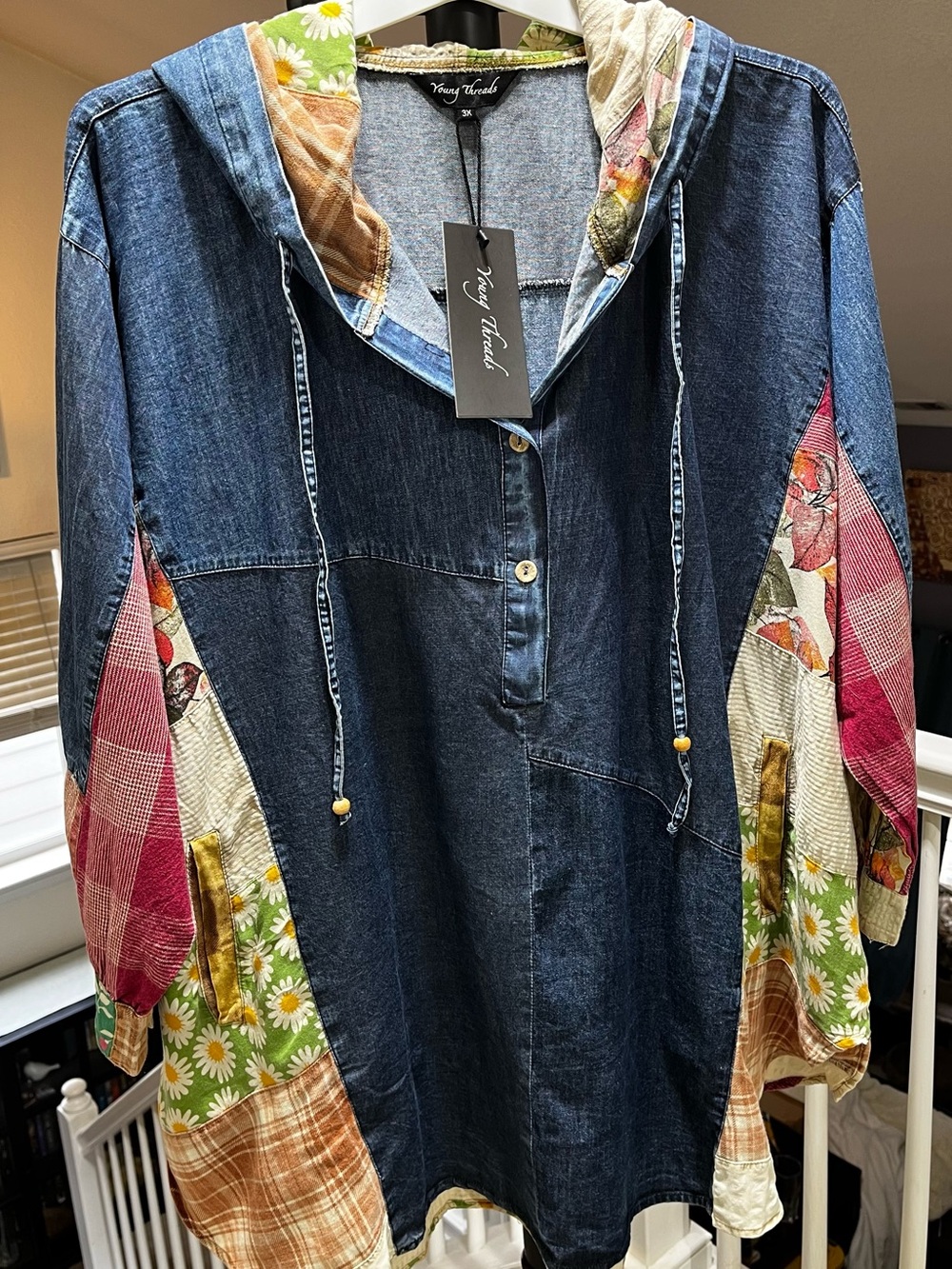🌸NWT🌸 Young Threads Boho Denim
Patchwork Pullover Hoodie  Size 3X